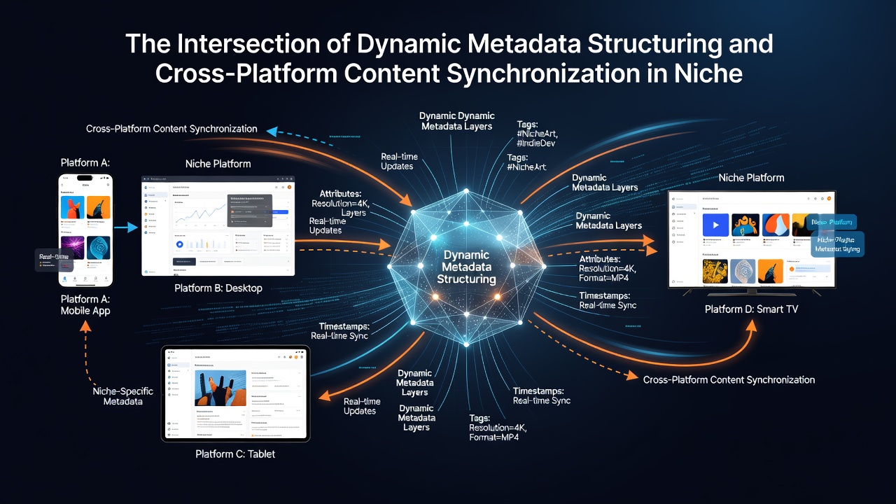 Screenshot of a synchronization dashboard displaying metadata fields updating across desktop, mobile, and API endpoints simultaneously