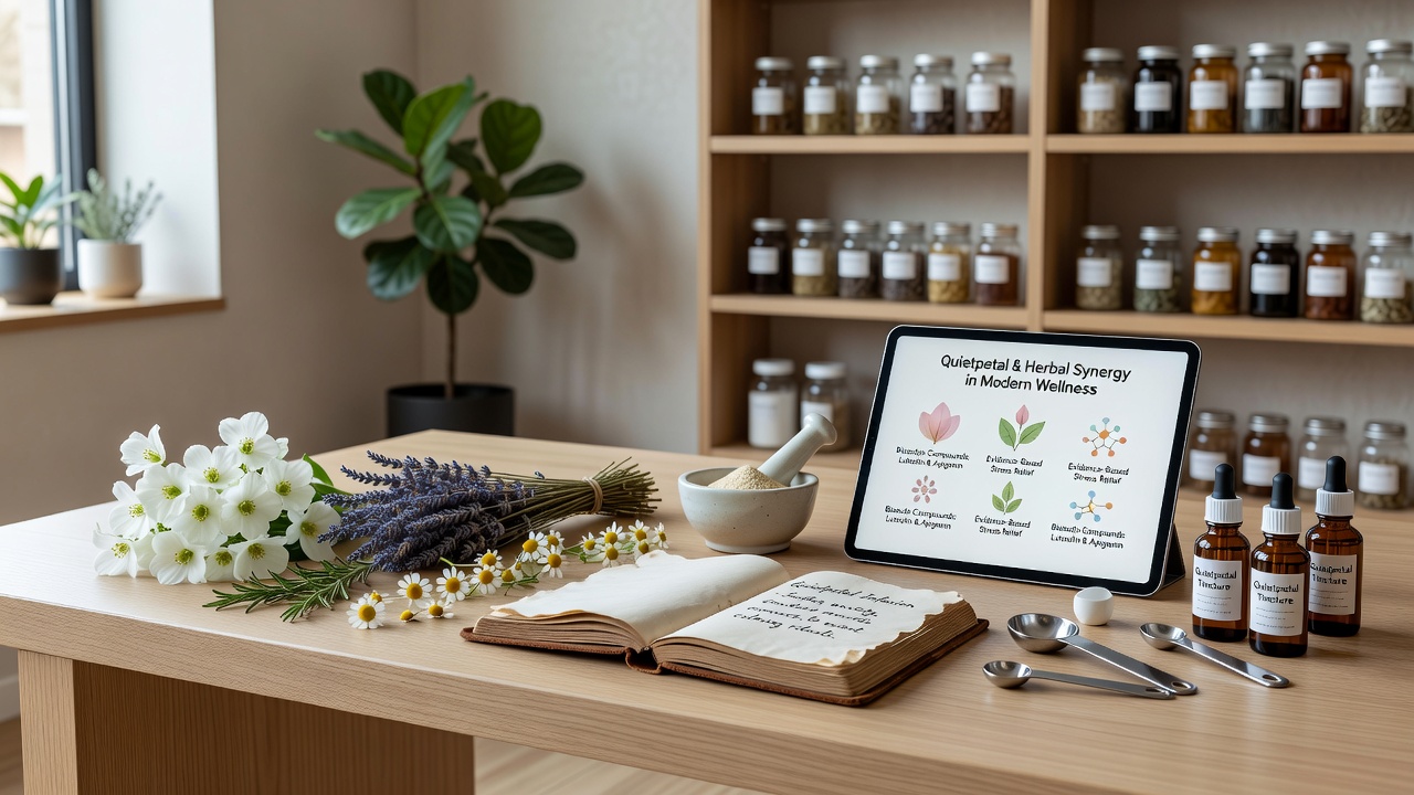 Close-up of herbal blends and Quietpetal journal entries spread across a table with natural lighting
